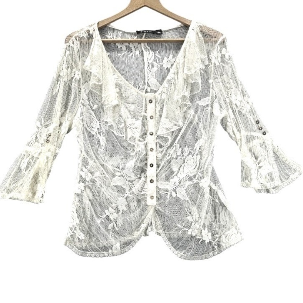 Vtg Sioni Blouse Ivory Sheer Lace Peasant Victorian Prairie Cottagecore Y2K L
